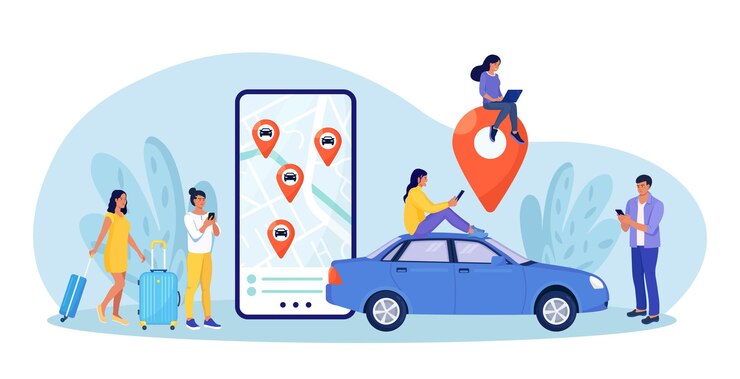 Vecteur une personne utilise un service d'autopartage en ligne autonome. homme près de l'écran du smartphone avec itinéraire et emplacement des points de la voiture sur le plan de la ville. taxi de commande en ligne, location auto. groupe de personnes partageant une voiture