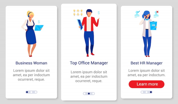 Le Personnel De L'entreprise Intègre Le Modèle D'écran De L'application Mobile. étapes Du Site Web Pas à Pas Avec Des Caractères Plats. Ux, Ui, Gui Smartphone Concept D'interface De Dessin Animé. Femme D'affaires, Rh Et Cadres Supérieurs De Bureau