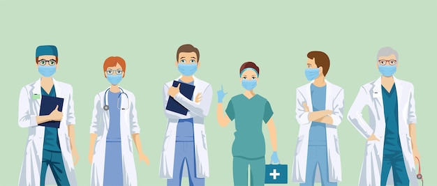 Personnel médical en masques de protection. Ensemble de personnages de médecins dans les respirateurs.