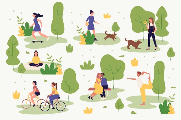 Personnes actives dans l'illustration du parc d'été. Activités de personnages de dessins animés à pied, à vélo, à faire du yoga, à jouer au repos et à faire du jogging. Activité du parc de la ville en plein air