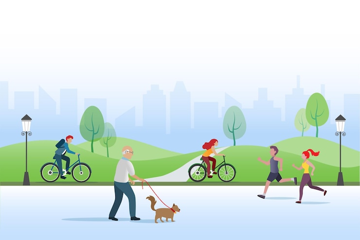 Vecteur personnes actives faisant de l'exercice dans un parc public faisant du jogging à vélo et marchant avec un chien