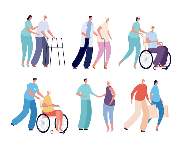 Les Personnes âgées Allaitantes. Bénévoles Souriants, Prise En Charge Des Seniors Et Des Personnes Handicapées. Travailleurs Des Services D'aide à La Santé. Ensemble De Vecteurs Pour Personnes âgées Et Infirmières. Illustration De L'aide Aux Personnes âgées Et Aux Bénévoles