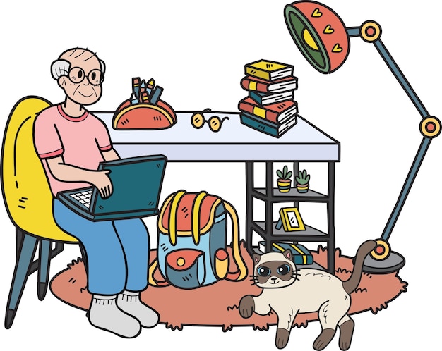 Personnes âgées dessinées à la main travaillant dans une pièce avec illustration de chats dans un style doodle