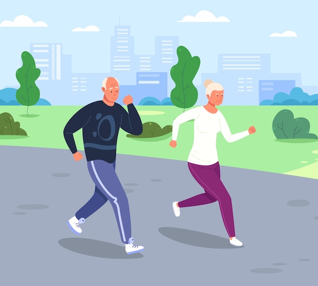 Personnes âgées Faisant Du Jogging Personnes âgées Exécutant Un Marathon Dans Le Parc De La Ville Aîné Sport Style De Vie Cardio Exercice Entraînement Physique Sain Grand-mère Grand-père Retraite Illustration Vectorielle