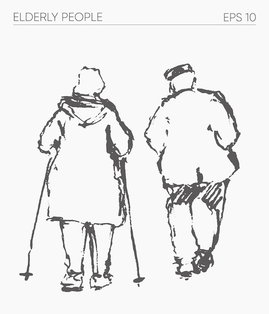 Personnes âgées marchant ensemble, illustration vectorielle dessinée à la main