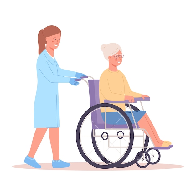 Les Personnes âgées Soutiennent L'illustration Vectorielle D'une Femme âgée En Fauteuil Roulant Et Une Infirmière L'aidant