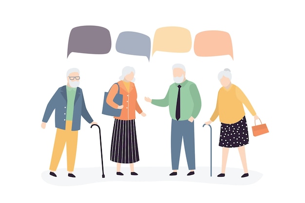 Des personnes âgées en train de discuter, des grands-pères et des grands-mères debout, un groupe d'humains à l'extérieur, des personnes âgées.