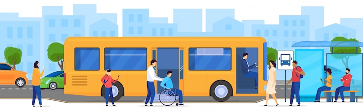 Vecteur personnes à l'arrêt de bus, passager handicapé en fauteuil roulant, illustration