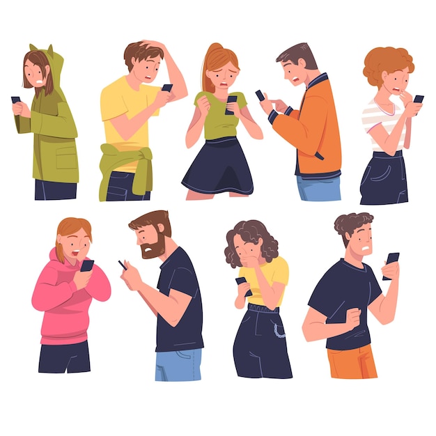 Les personnes avec un caractère de gadget lisant du contenu de choc ou un ensemble de vecteurs de nouvelles