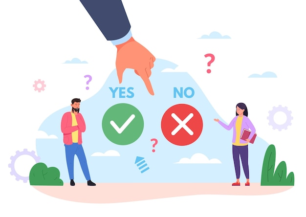 Personnes choisissant oui non bouton Opportunité convaincre concept prêt à la main cliquez sur ok choix de deux personnes processus de prise de décision réponse fausse ou vraie opinion correcte illustration vectorielle