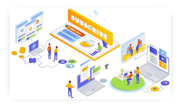 Personnes choisissant le plan d'abonnement illustration isométrique vectorielle achetant le concept d'abonnement