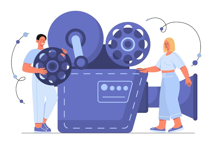 Vecteur personnes avec un concept de cinéma homme et femme avec bobine de bande et caméra amusante et divertissement jeune homme