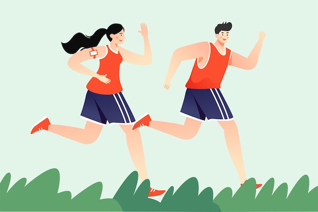 Personnes courant pour la forme physique pour perdre du poids piste de course et plantes dans le vecteur de fond