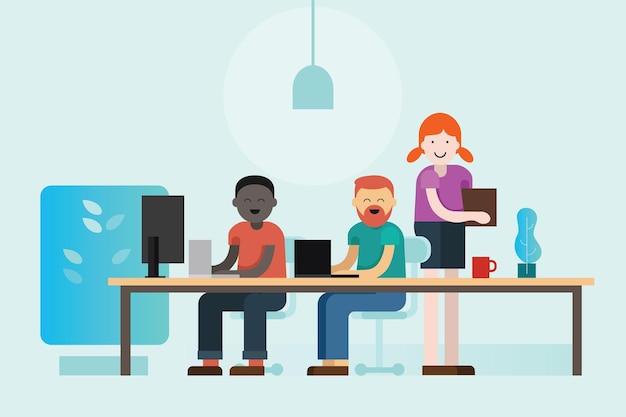 Des personnes en coworking travaillant ensemble sur leur ordinateur portable, une entreprise en démarrage, une collaboration, un dessin animé plat.