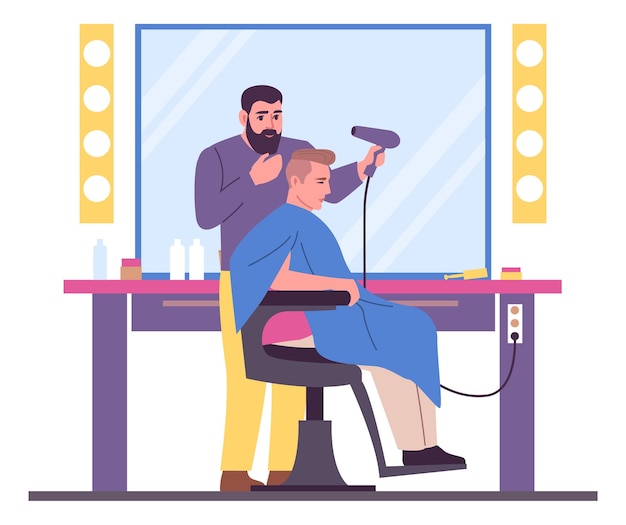 Personnes Dans Un Salon De Beauté Coiffeur Avec Le Client Le Coiffeur Fait La Coiffure Client Assis Sur Un Fauteuil Coiffeur Séchant Les Cheveux Coiffure Professionnelle Illustration Vectorielle De Salon De Coiffure