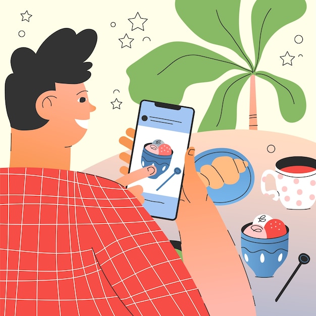 Personnes dessinées à la main prenant des photos d'illustration de nourriture