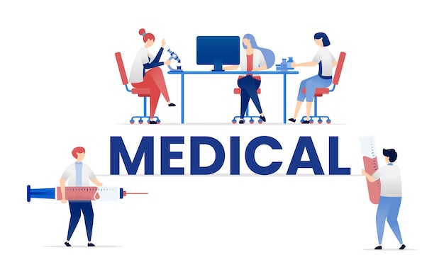 Personnes engagées dans des activités médicales sous texte médical illustrant les procédures de santé et de traitement