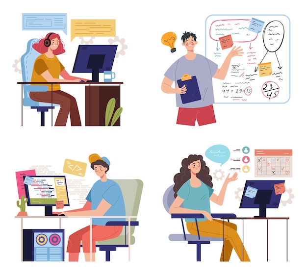Personnes équipe développeurs travailleurs personnages travaillant ensemble isolé