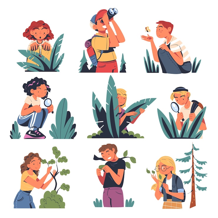 Vecteur personnes étudiant la nature explorant la flore et la faune jeu vectoriel de caractères