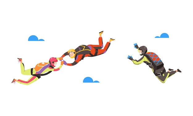 Des personnes faisant du parachutisme dans le ciel. Des parachutistes professionnels volant en chute libre. Illustration vectorielle.