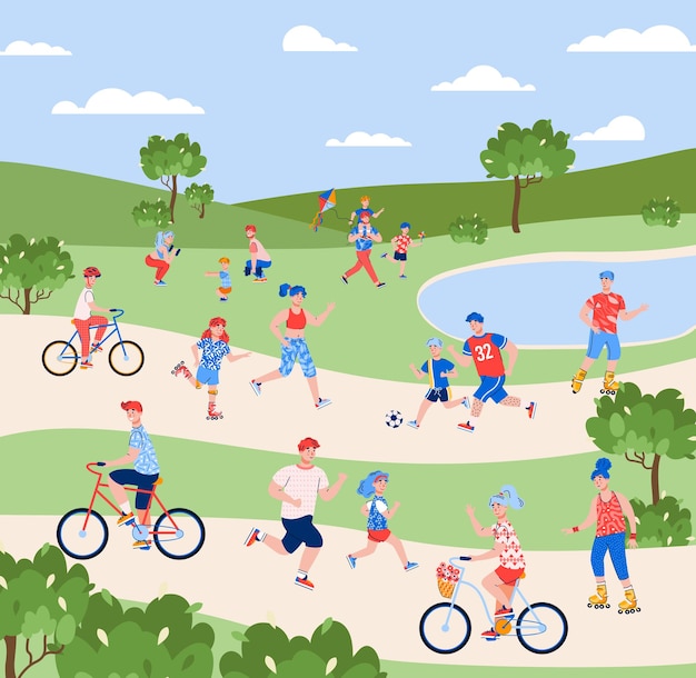 Personnes Faisant Du Sport Et Se Recréant Dans L'illustration Vectorielle De Dessin Animé Plat De Parc