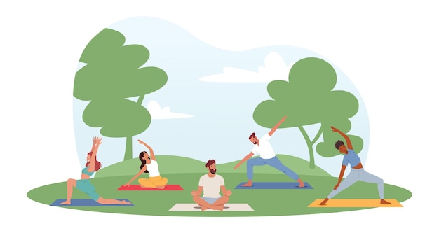 Vecteur personnes faisant des exercices dans le parc personnages masculins et féminins activité de yoga en plein air entraînement de remise en forme dans différentes poses