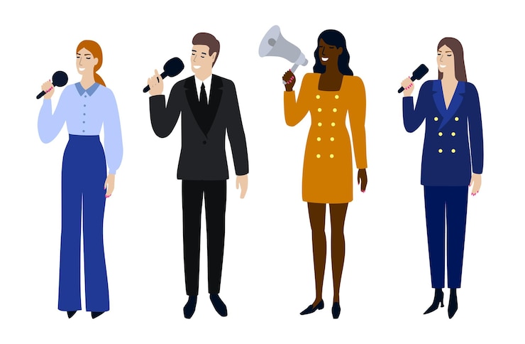 Vecteur personnes de genres et de races différents parlant dans un microphone et un mégaphone