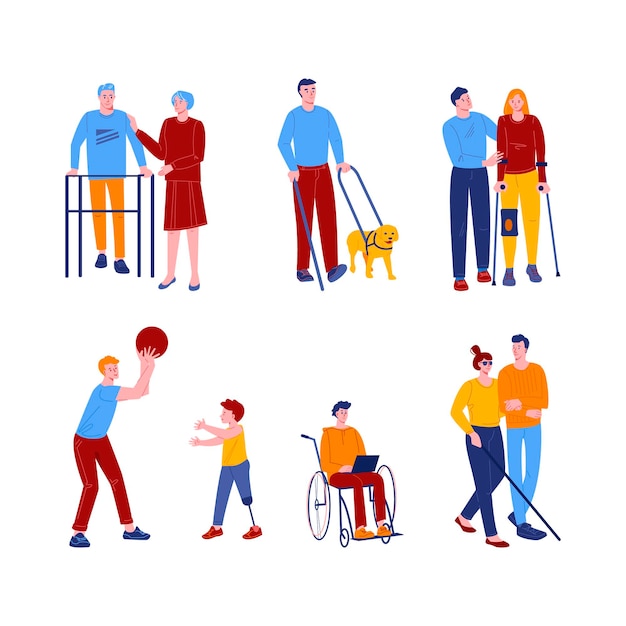 Personnes handicapées avec des amis et des assistants. Hommes et femmes avec divers appareils et prothèses.
