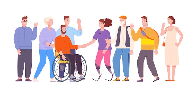 Vecteur personnes handicapées amis étudiants ou personnes âgées ayant des besoins spéciaux et amis heureux handicap groupe de patients diversité inclusion soins handicap caractère splendide illustration vectorielle