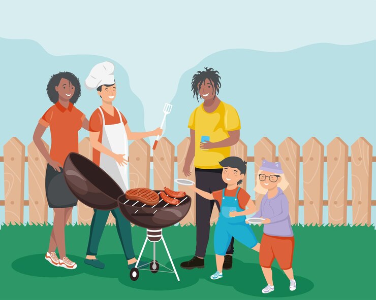 Vecteur personnes interraciales en soirée barbecue