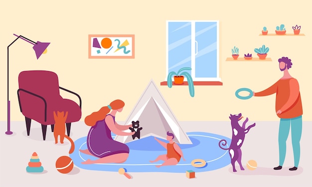 Personnes à La Maison Parents De Dessin Animé Passant Du Temps Avec Un Petit Fils Et Un Chien Mère Jouant Avec Un Garçon Et Un Jouet D'ours Père Donnant Un Anneau à Un Animal De Compagnie Bonne Activité De Loisirs Dans Le Vecteur De La Chambre