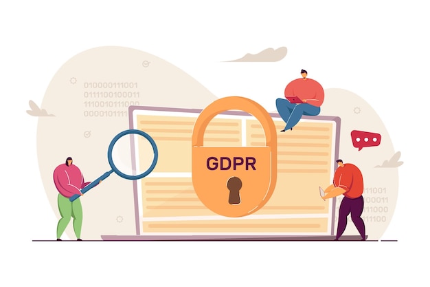 Des personnes minuscules examinent un ordinateur portable. Illustration vectorielle plane du règlement général sur la protection des données. RGPD, confidentialité, concept de protection des informations personnelles pour la bannière, la conception de sites Web ou la page Web de destination