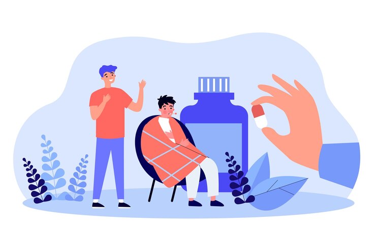 Vecteur des personnes minuscules près d'un flacon de médicament avec une pilule qui s'étend à la main. personnage masculin soucieux de l'illustration vectorielle plane d'un ami malade. concept de soins de santé pour la bannière, la conception de sites web ou la page web de destination