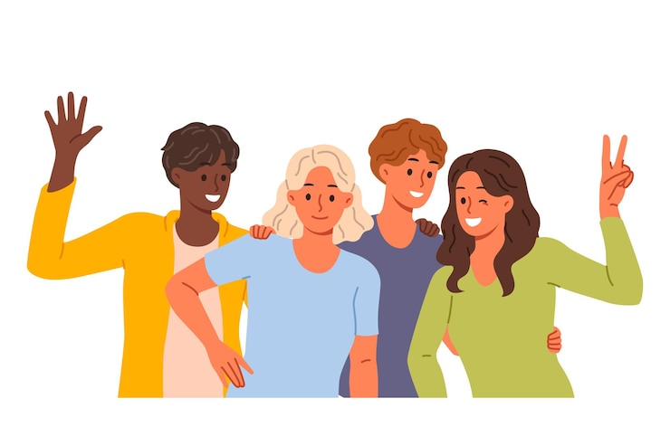 Vecteur des personnes multiethniques posent pour un portrait de groupe avec des amis lors d'une fête du vendredi soir.