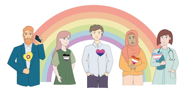 Personnes d'orientations sexuelles différentes LGBTQIA plus communauté amour intersexe asexué bisexuel lesbienne transgenre drapeau coeurs homme d'affaires garçon médecin fille en hijab Illustration vectorielle