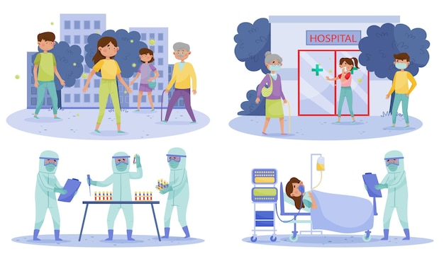 Personnes personnages portant des masques de protection marchant dans la rue et reposant sur un lit d'hôpital avec des symptômes de coronavirus Set d'illustrations vectorielles