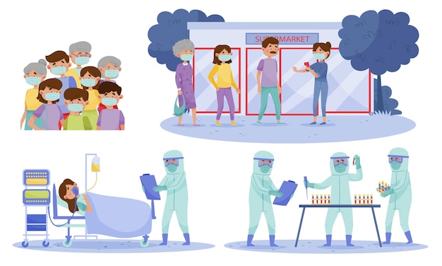 Personnes personnages portant des masques de protection marchant dans la rue et reposant sur un lit d'hôpital avec des symptômes de coronavirus Set d'illustrations vectorielles