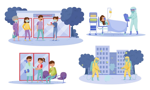Personnes personnages portant des masques de protection marchant dans la rue et reposant sur un lit d'hôpital avec des symptômes de coronavirus Set d'illustrations vectorielles