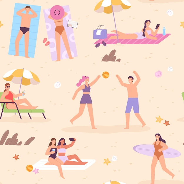 Personnes plates en vacances d'été au modèle sans couture de plage. Surfeuse féminine, détendez-vous sur une chaise longue, prenez un bain de soleil, jouez et faites une impression vectorielle selfie