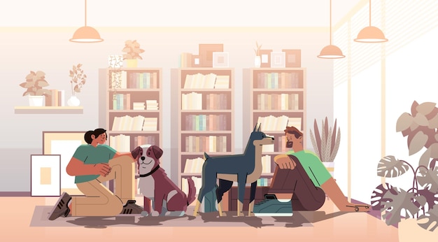 Personnes Propriétaires D'animaux Jouant Avec Des Chiens Mignons Meilleurs Amis Animal Domestique S'occupant D'un Ami à Quatre Pattes Concept Salon Moderne Intérieur Illustration Vectorielle Horizontale