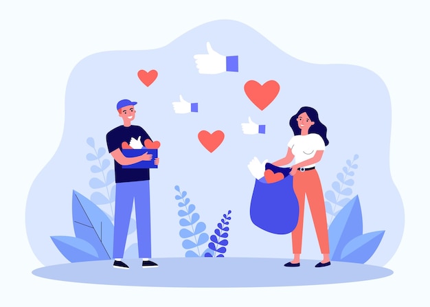 Vecteur les personnes qui recueillent les réactions et les commentaires des médias sociaux. homme et femme tenant une boîte et un sac avec illustration vectorielle plane coeurs. concept de contenu viral pour bannière, conception de site web ou page web de destination