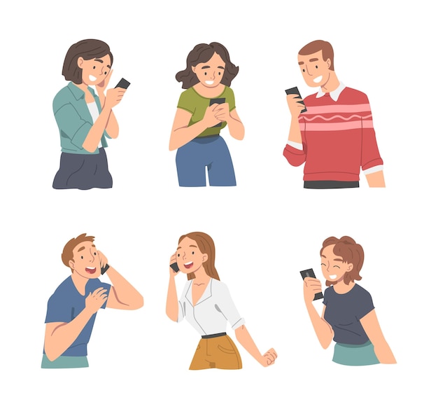Personnes recevant de bonnes nouvelles parlant au téléphone et lisant un jeu d'illustrations vectorielles de caractères