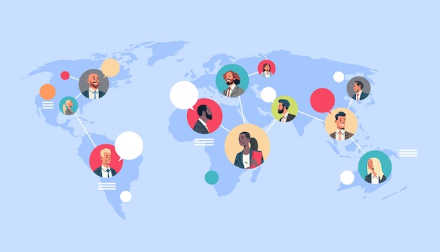 personnes réseau carte du monde chat bulles communication globale