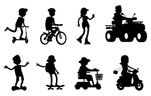 Personnes à Roues Véhicules Scooter Skateboard Isolé Vecteurs Silhouettes