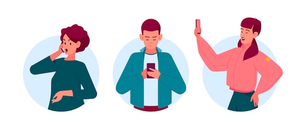 Personnes avec des téléphones isolés Icônes rondes ou Avatars Personnages masculins et féminins Chat Faire Selfie Jouer à des jeux