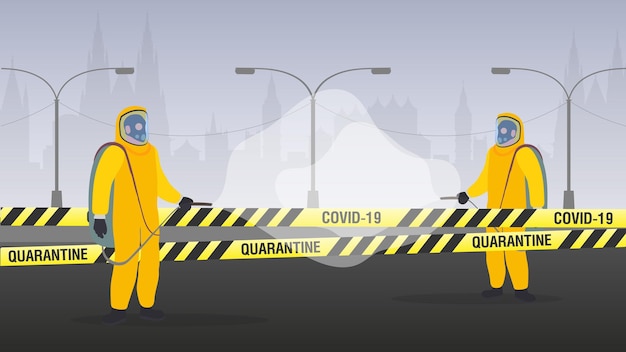 Les Personnes En Tenue De Protection Contre Le Virus. La Ville Est En Quarantaine. Coronavirus Dans La Ville. Rubans Jaunes à Rayures Noires. Illustration Vectorielle