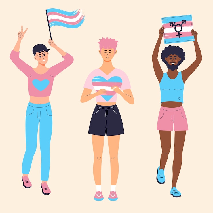 Vecteur personnes transgenres avec bannière et coeur de drapeau arc-en-ciel journée internationale de la visibilité des transgenres