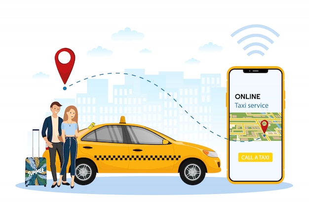 Personnes Utilisant La Commande En Ligne De Taxi Partageant Le Concept D'application Mobile. Commande En Ligne De Taxi, Location Et Partage En Utilisant L'application Mobile De Service.