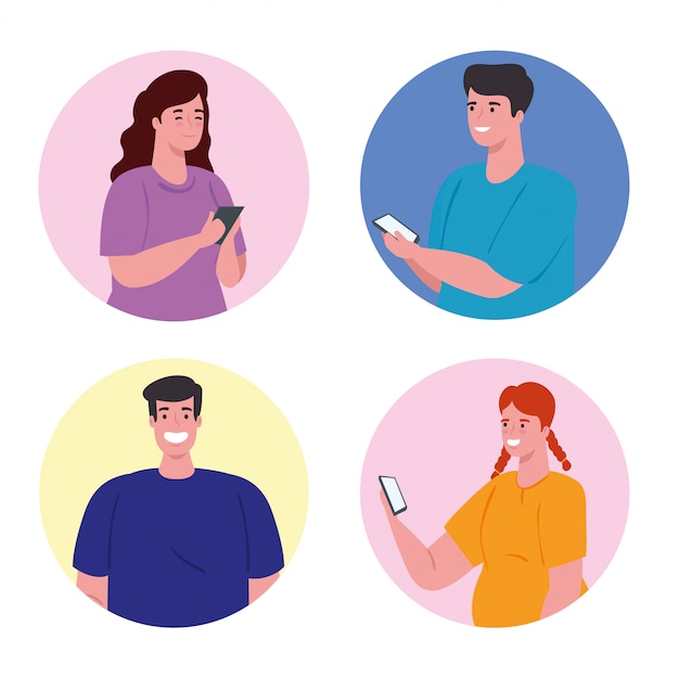 Personnes utilisant le smartphone dans le cadre du cercle, les médias sociaux et le concept de technologie de communication