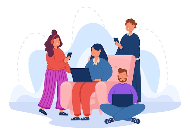 Personnes utilisant un smartphone, une tablette et un ordinateur portable pour discuter. Groupe de personnages masculins et féminins accro aux gadgets et aux médias sociaux assis ensemble illustration vectorielle à plat. Concept de dépendance à Internet